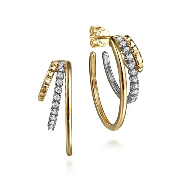 14kt 2 tone 3 row diamond hoop earrings