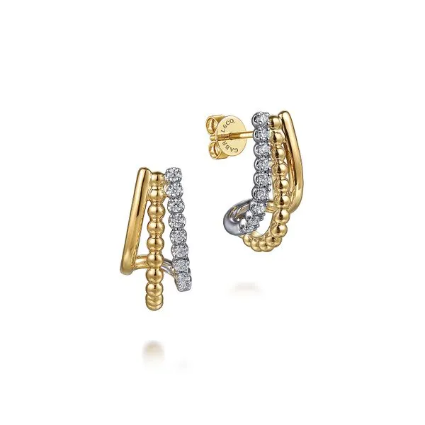 14kt 2 Tone Diamond 3 Row J Hoop Earrings