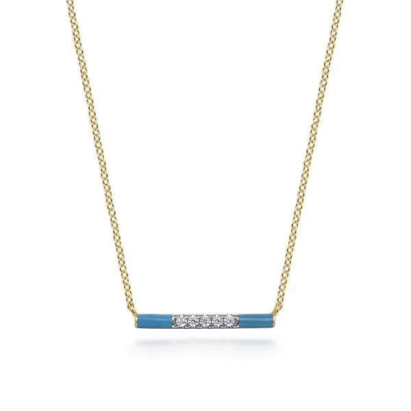 14kt YG Bar diamond necklace with blue enamel Carroll's Jewelers Doylestown, PA