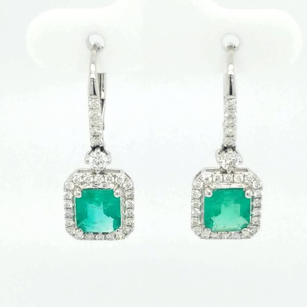 18kt WG Emerald and Diamond Drop Earrings Carroll's Jewelers Doylestown, PA