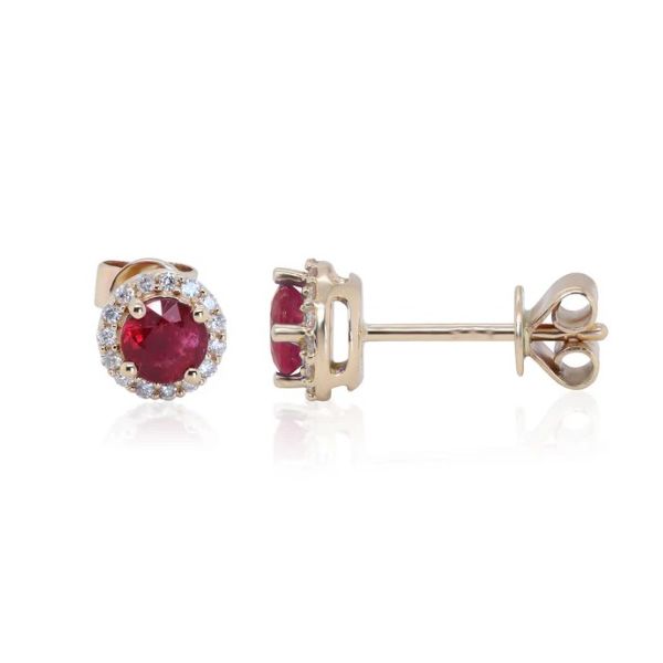 Ruby and Diamond Halo Stud Earrings Carroll's Jewelers Doylestown, PA