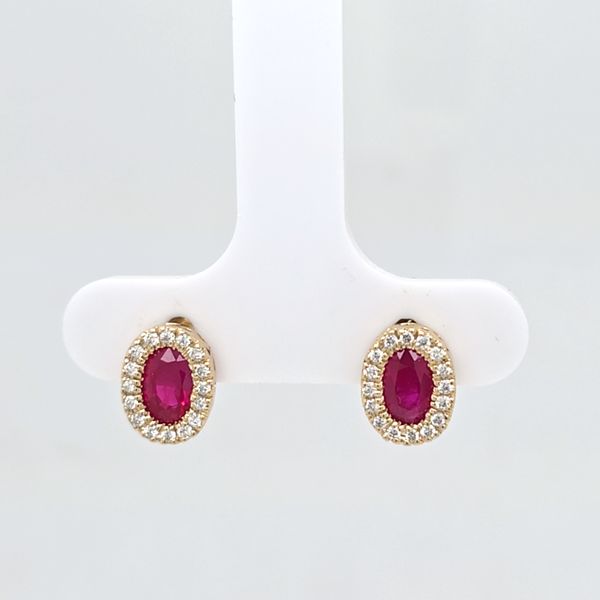 14kt YG Ruby and Diamond Halo Earrings Carroll's Jewelers Doylestown, PA