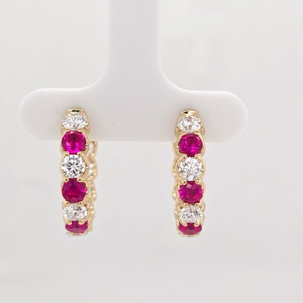 YG Ruby and Diamond Hoop Earrings Carroll's Jewelers Doylestown, PA