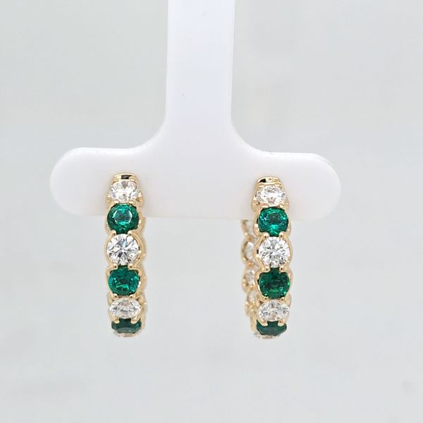 YG Emerald and Diamond Hoop Earrings Carroll's Jewelers Doylestown, PA