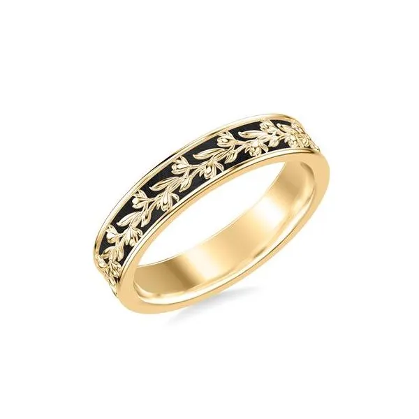 14kt YG and Black Carved Floral Wedding Band
