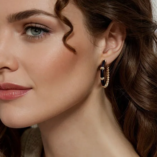 14kt YG Black Enamel Hoop Earrings