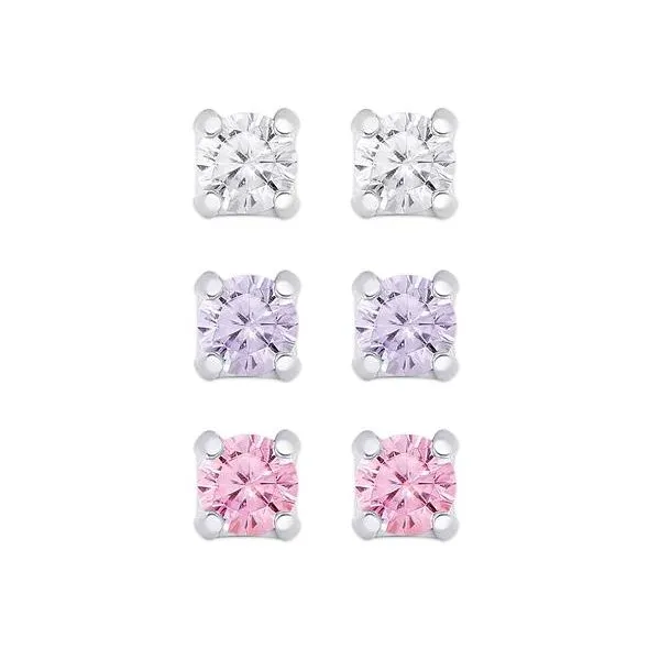 Childs set of 3 CZ studs - white, purple and pink