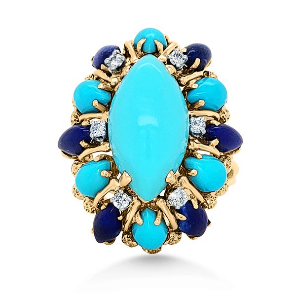 Turquoise, Lapis & Diamond Flower Fashion Ring - Estate Image 2 Goldmart Jewelers Redding, CA