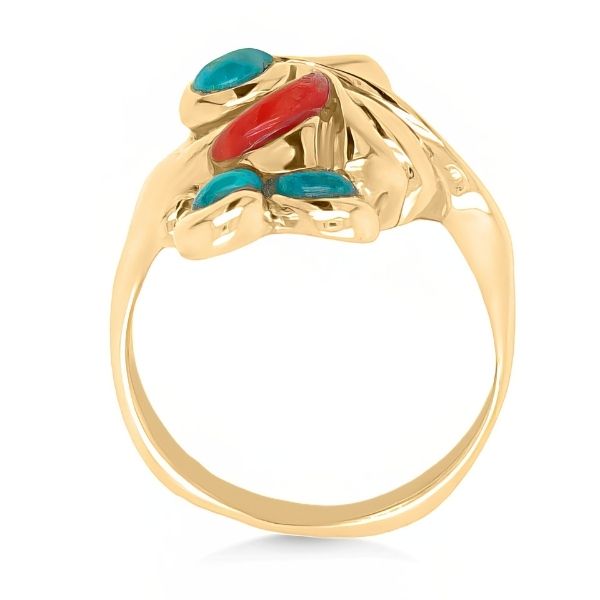 14K Yellow Gold Antique Coral & Turquoise Ring Image 2 Goldmart Jewelers Redding, CA