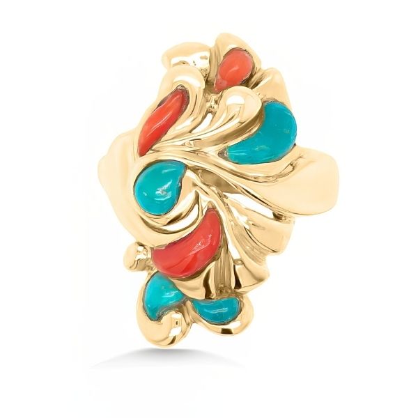 14K Yellow Gold Antique Coral & Turquoise Ring Goldmart Jewelers Redding, CA