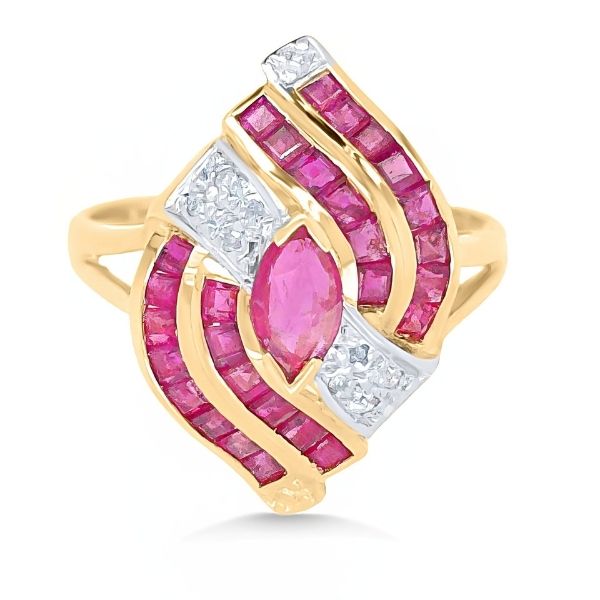 14K Yellow Gold Princess Ruby & Diamond Ring Goldmart Jewelers Redding, CA