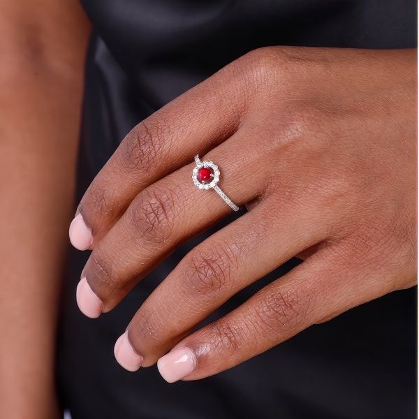 14K White Gold Round Ruby Halo Fashion Ring Image 3 Goldmart Jewelers Redding, CA