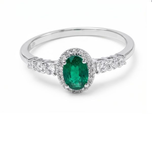 14K White Gold Oval Emerald Halo Fashion Ring Goldmart Jewelers Redding, CA