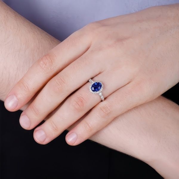 14K White Gold Oval Sapphire Halo Ring Image 2 Goldmart Jewelers Redding, CA