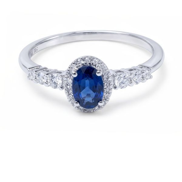 14K White Gold Oval Sapphire Halo Ring Goldmart Jewelers Redding, CA