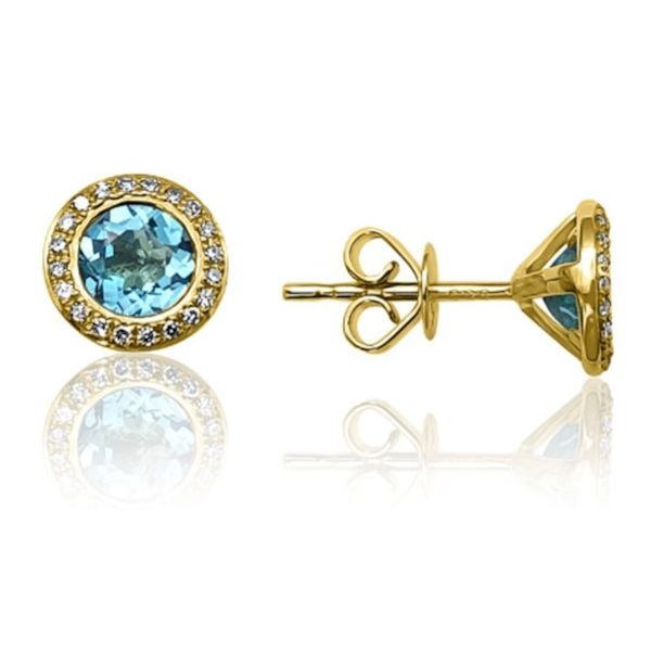 14K Blue Topaz Button Halo Earrings by Luvente Goldmart Jewelers Redding, CA