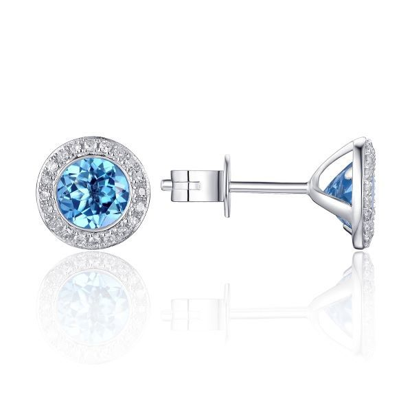 14K Blue Topaz Halo Earrings by Luventeby Luvente Goldmart Jewelers Redding, CA