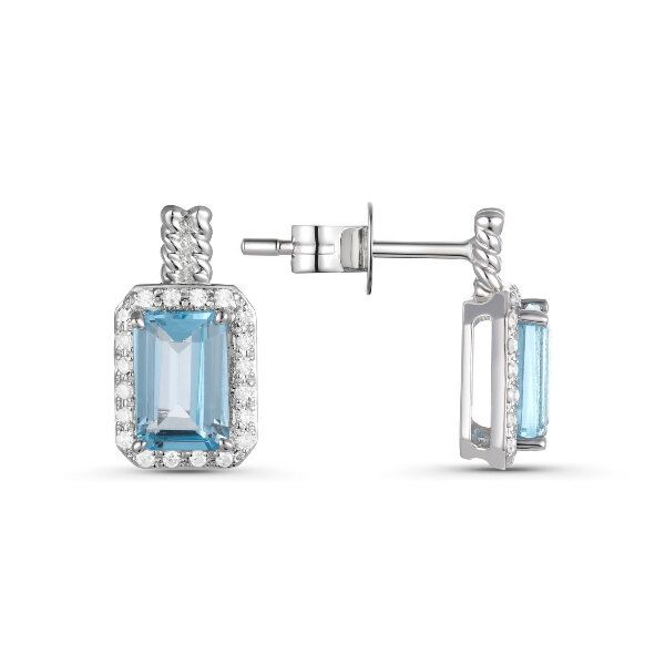 14K Halo Blue Topaz & Diamond Huggie Earrings by Luvente Goldmart Jewelers Redding, CA