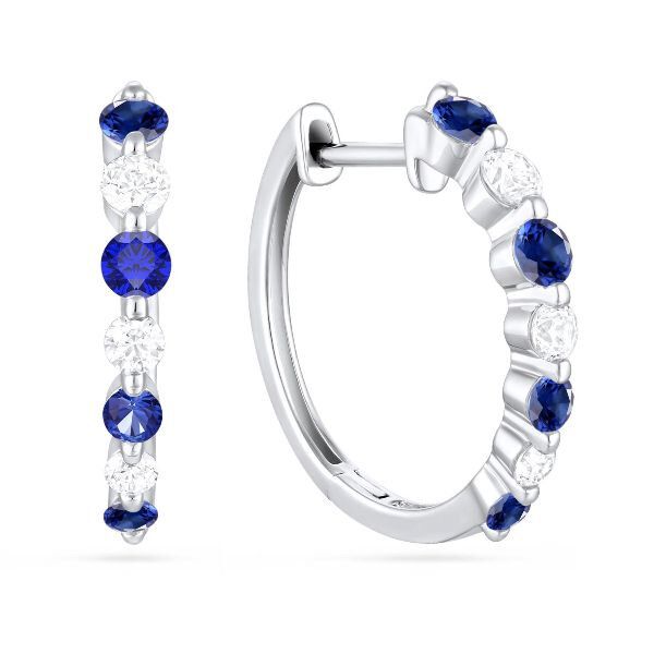 14K Blue Sapphire & Diamond Small Hoop Earrings by Luvente Goldmart Jewelers Redding, CA