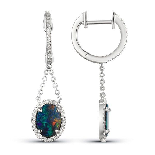 14K Australian Opal Doublet Halo Dangle Earrings - Luvente Goldmart Jewelers Redding, CA