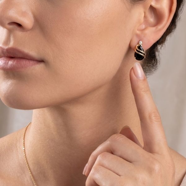 14K Yellow Gold Estate Black Onyx & Diamond Earrings Image 2 Goldmart Jewelers Redding, CA