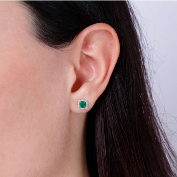 Luvente 14K White Gold Princess Emerald & Diamond Button Earrings Image 2 Goldmart Jewelers Redding, CA