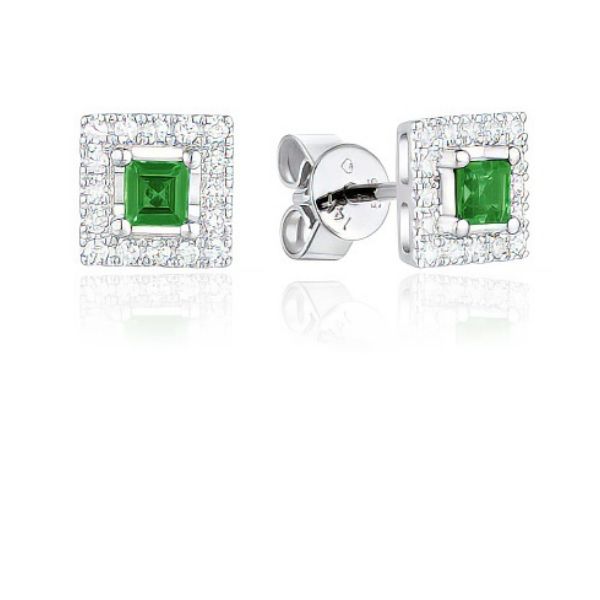 Luvente 14K White Gold Princess Emerald & Diamond Button Earrings Goldmart Jewelers Redding, CA