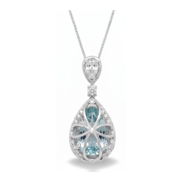 18K White Gold Aquamarine & Diamond Pendant Image 2 Goldmart Jewelers Redding, CA