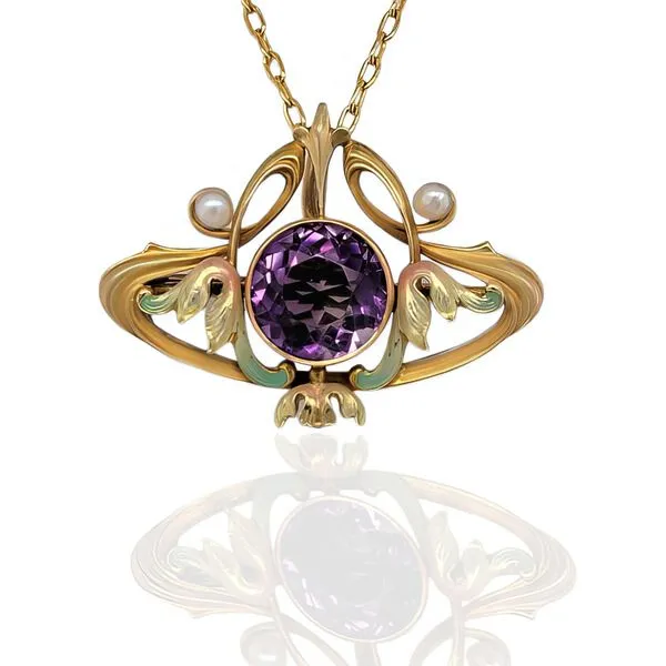 14K Art Nouveau Amethyst and Pearl Pin - Estate Image 2 Goldmart Jewelers Redding, CA
