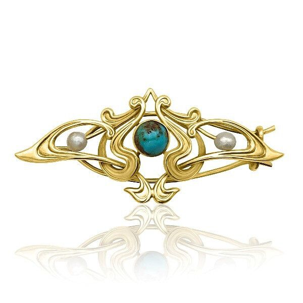 Baroque Pearls & Turquoise, Art Nouveau 14K Pin (Estate) Goldmart Jewelers Redding, CA