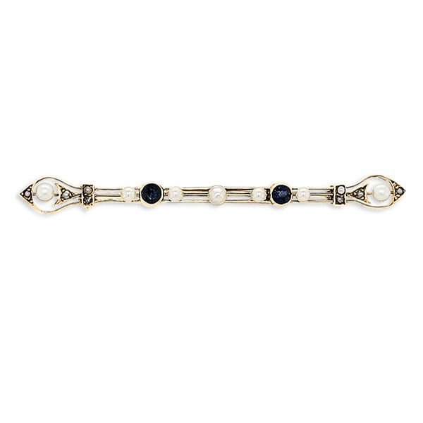 14K Edwardian Blue Sapphires & Seed Pearl Bar Pin - Estate Goldmart Jewelers Redding, CA