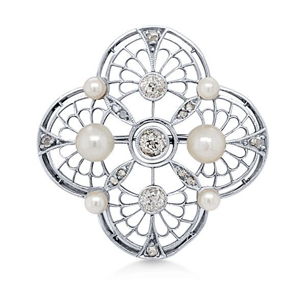 Platinum 14K Art Deco Seed Pearls & Diamonds Pin - Estate Goldmart Jewelers Redding, CA