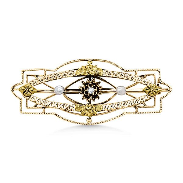 14K Art Nouveau Diamond & Seed Pearl Bar Pin - Estate Goldmart Jewelers Redding, CA