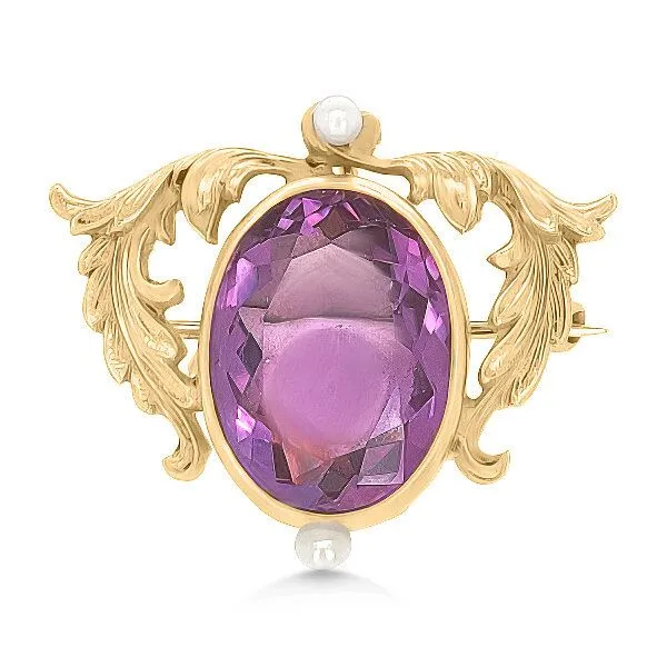 14K Art Nouveau Amethyst & Freshwater Pearl Pin - Estate Goldmart Jewelers Redding, CA