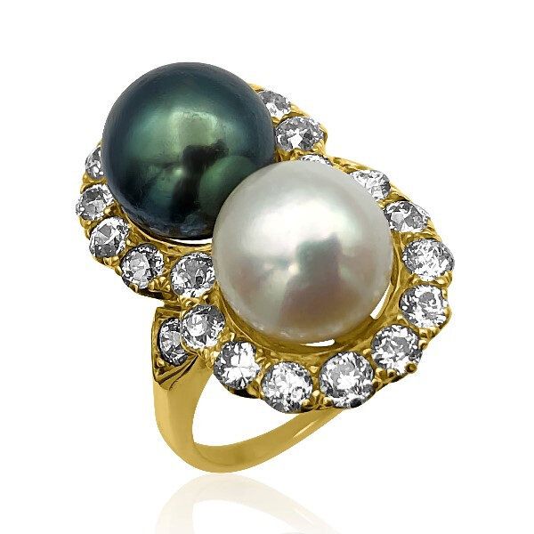 White & Black, Retro Era 18K 2 Pearl Halo Ring (Estate) Goldmart Jewelers Redding, CA