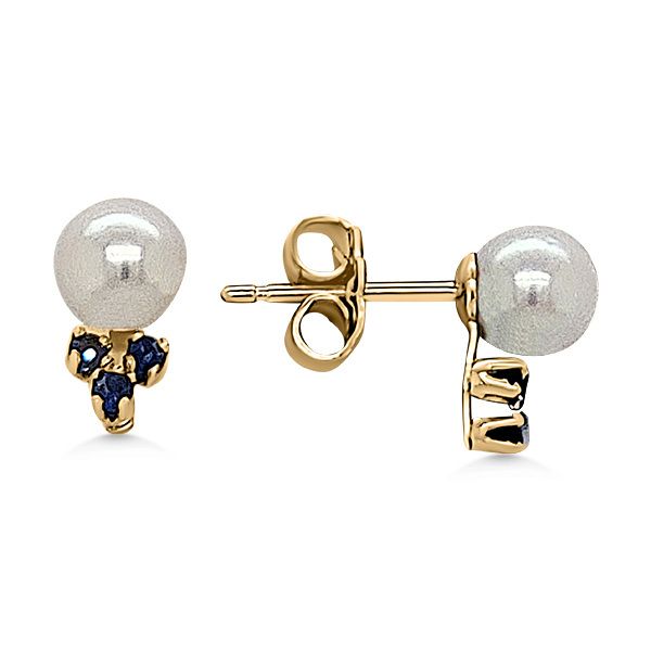 14K Akoya Pearls, Round Blue Sapphires Earrings (Estate) Goldmart Jewelers Redding, CA