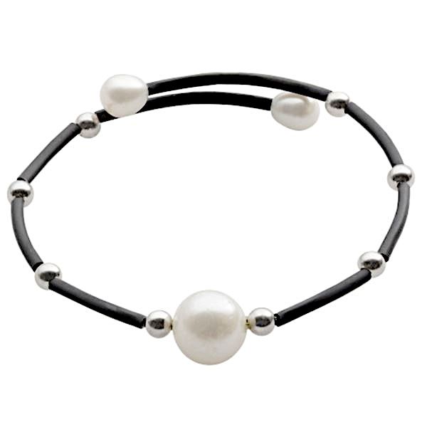 SS & Black Rubber Freshwater Pearl Bracelet by Imperial Goldmart Jewelers Redding, CA