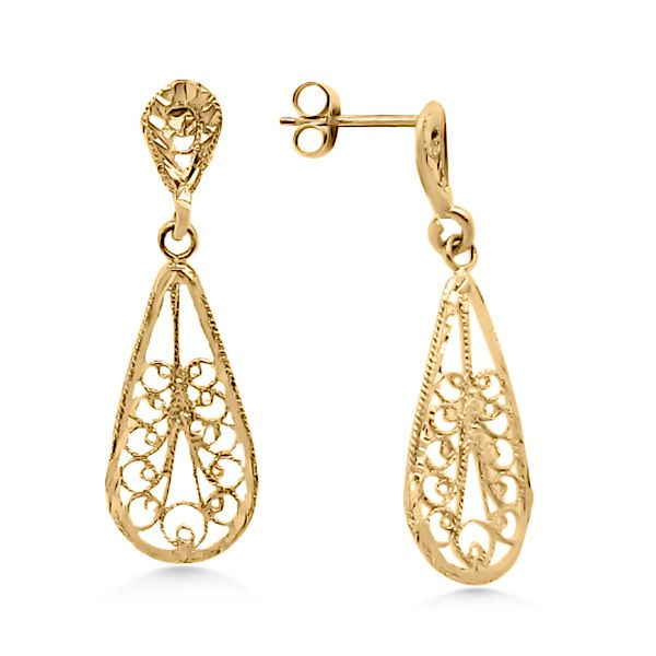 14K Pear Swirly Dangle Earrings (Estate) Goldmart Jewelers Redding, CA