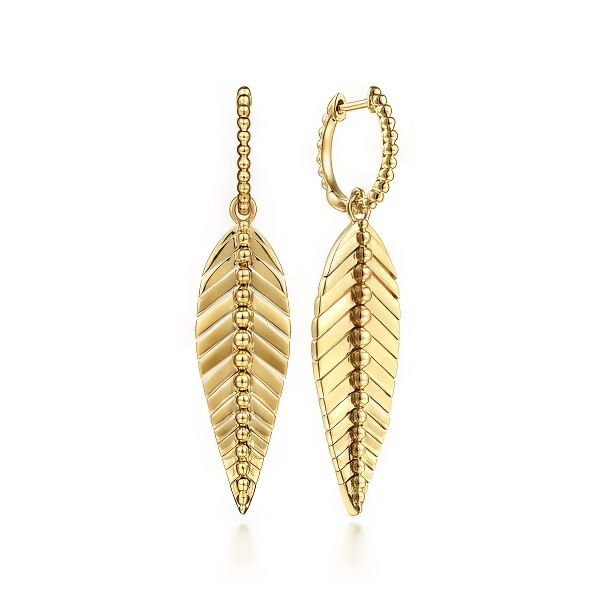 14K Gold Huggie Drop Leaf Earrings by Gabriel & Co. Goldmart Jewelers Redding, CA