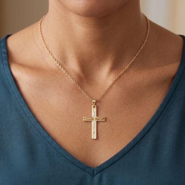 14K Yellow Gold Estate Etched Cross Pendant Image 2 Goldmart Jewelers Redding, CA