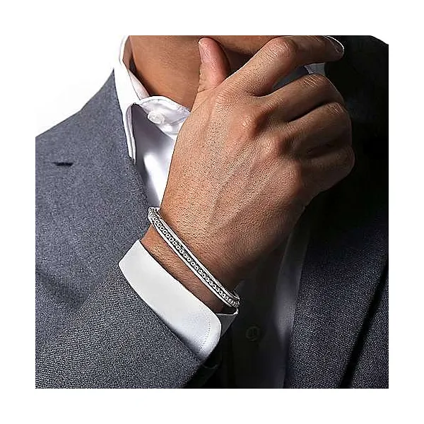 SS Open Cuff w/Beaded Inlay Metal Bracelet by Gabriel Image 4 Goldmart Jewelers Redding, CA