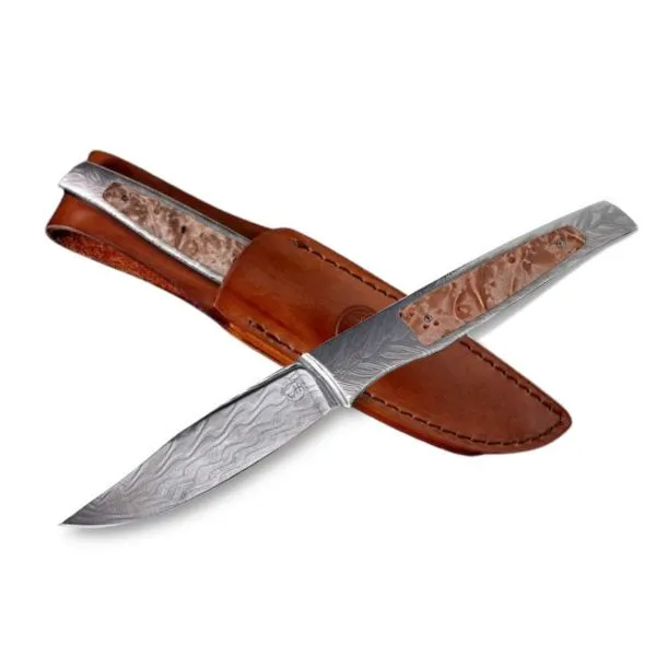 Fixed blade Burlwood inlay knife by William Henry Goldmart Jewelers Redding, CA