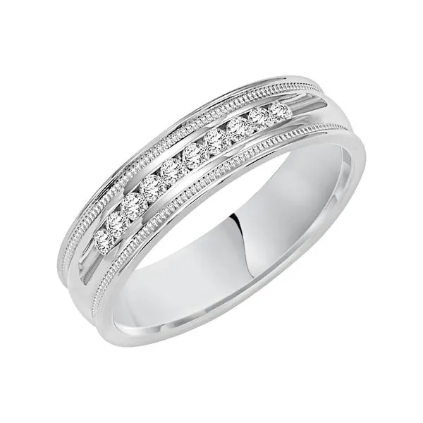 1/4CTW 14K WG Flat Round Edge With Mined Round Diamond Channel Set, Mil Grain Wedding Band The Ring Austin Round Rock, TX