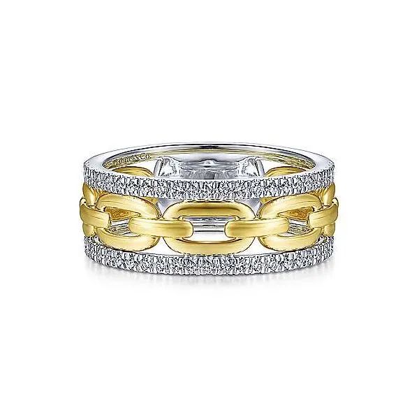 14kt YG/WG 3 Bans Stack Look with Link Center and Diamonds Outer 1/3ctw size 6.5 The Ring Austin Round Rock, TX