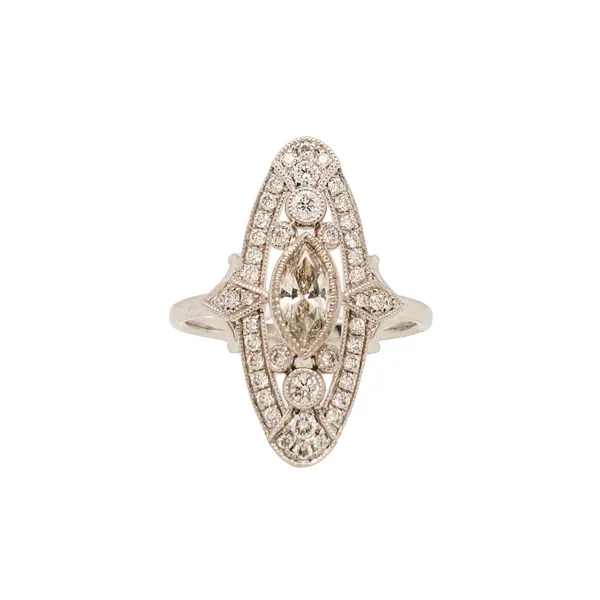 3/4CTW 14K WG Oval Art deco Millgrain Mined Ring With Marquise Center stone Shape The Ring Austin Round Rock, TX