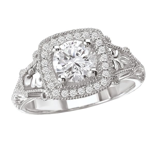 14K WG Square Halo with Round Center and Filigree Sides Engagement Ring The Ring Austin Round Rock, TX