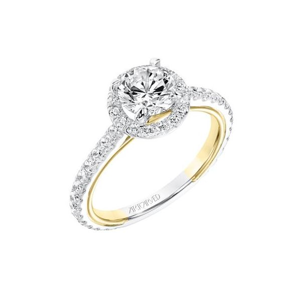 Contemporary White and Yellow Gold Diamond Halo Engagement Ring The Ring Austin Round Rock, TX