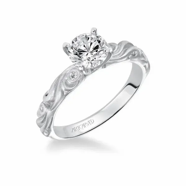 Carved Satin White Gold Engagement Ring The Ring Austin Round Rock, TX