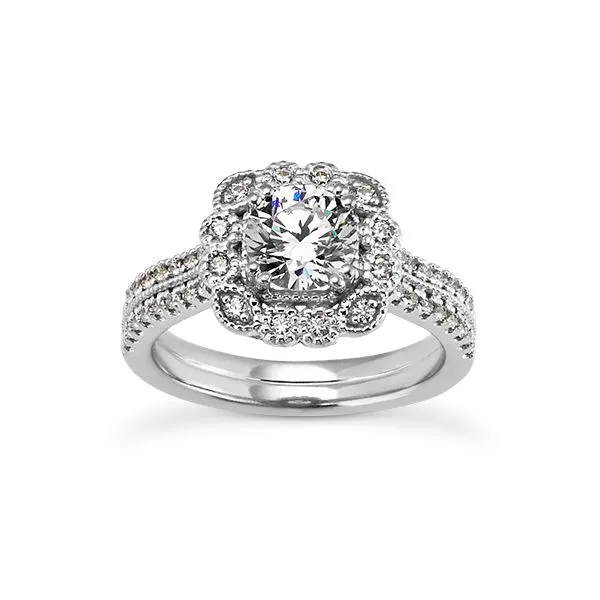 Flower antique style halo on two row diamond engagement ring The Ring Austin Round Rock, TX