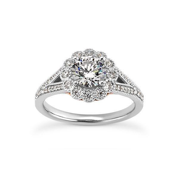 Flower like halo with split shank engagement ring The Ring Austin Round Rock, TX